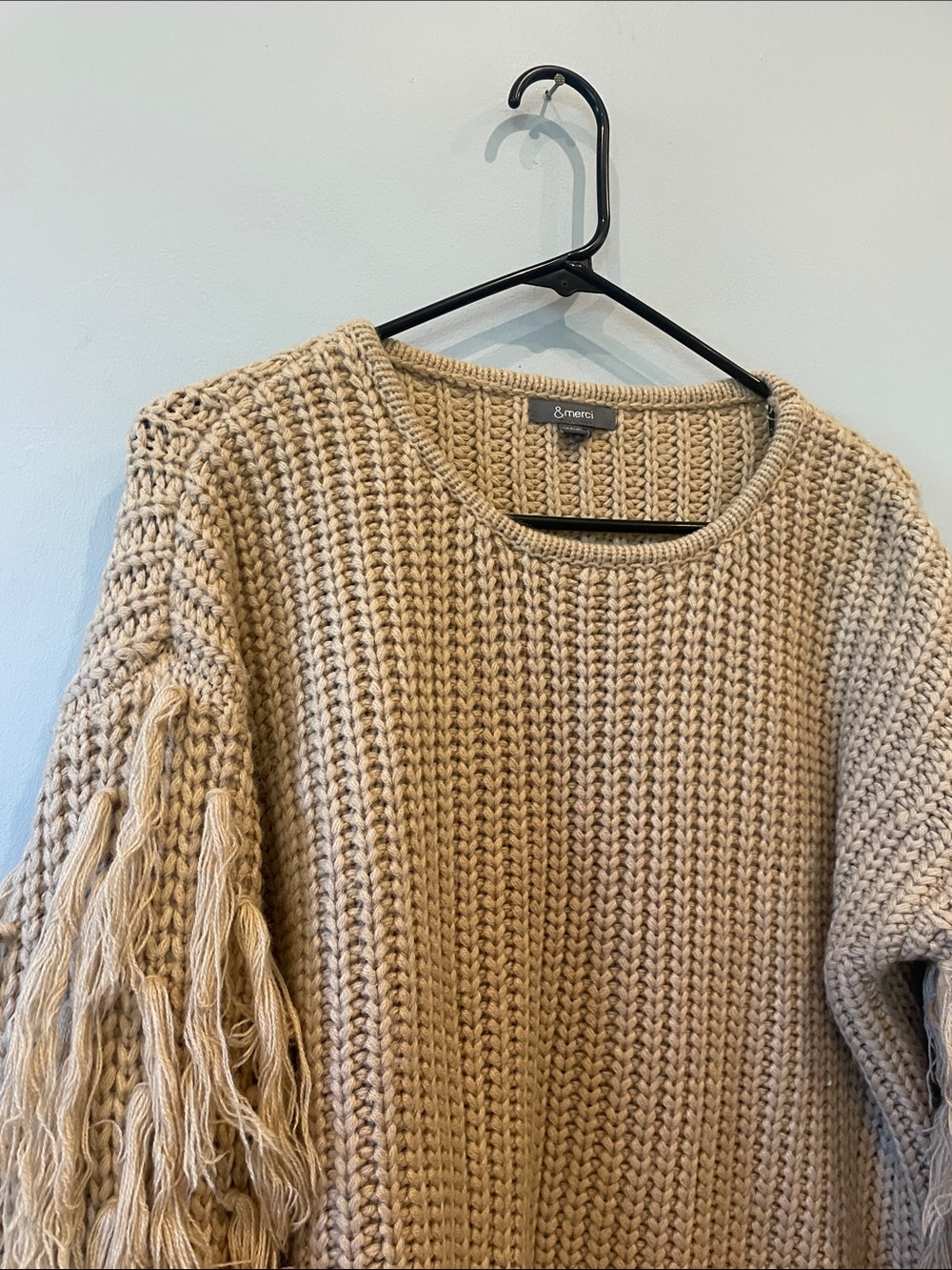 Beige Fringe Sleeve Crochet Sweater -medium by &merci - Picture 2 of 4